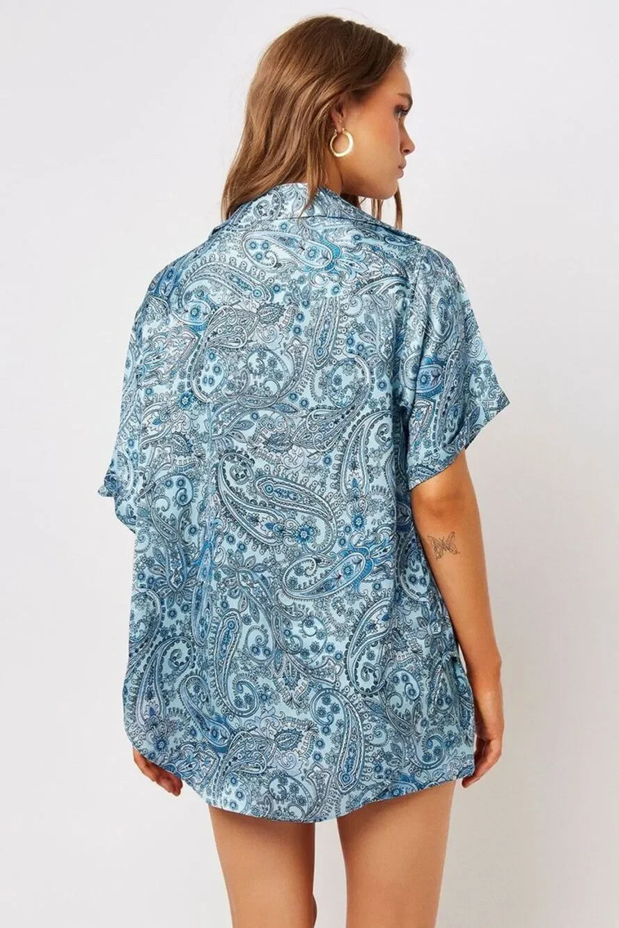 Frankie’s Bikini Fifi Set Top & Short Size S Silk Blue Paisley 2 pieces